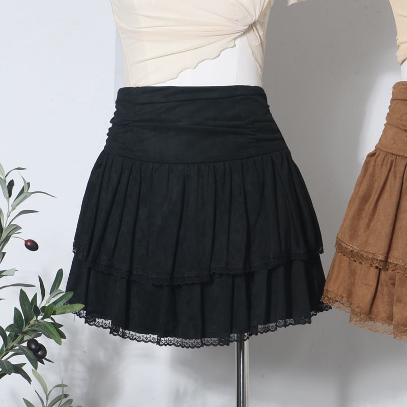 Lace Trim Mini A-Line Layered Skirt