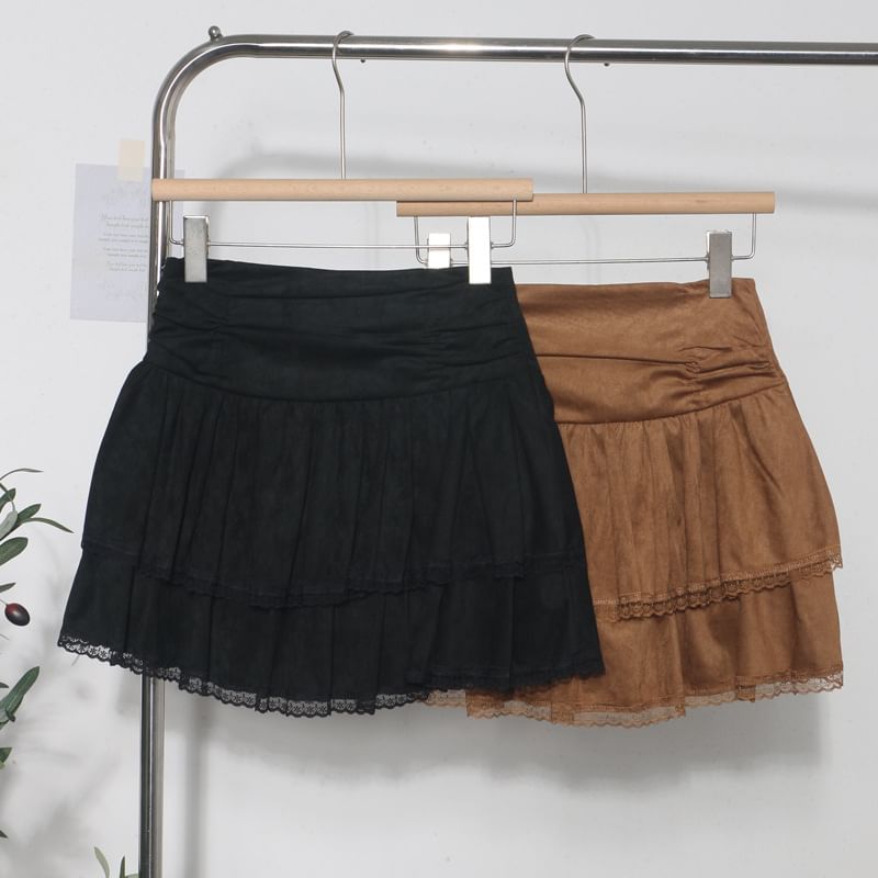 Lace Trim Mini A-Line Layered Skirt