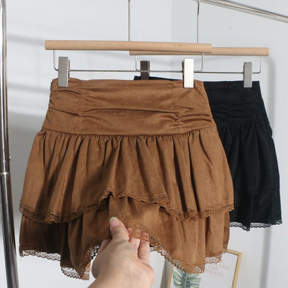 Lace Trim Mini A-Line Layered Skirt