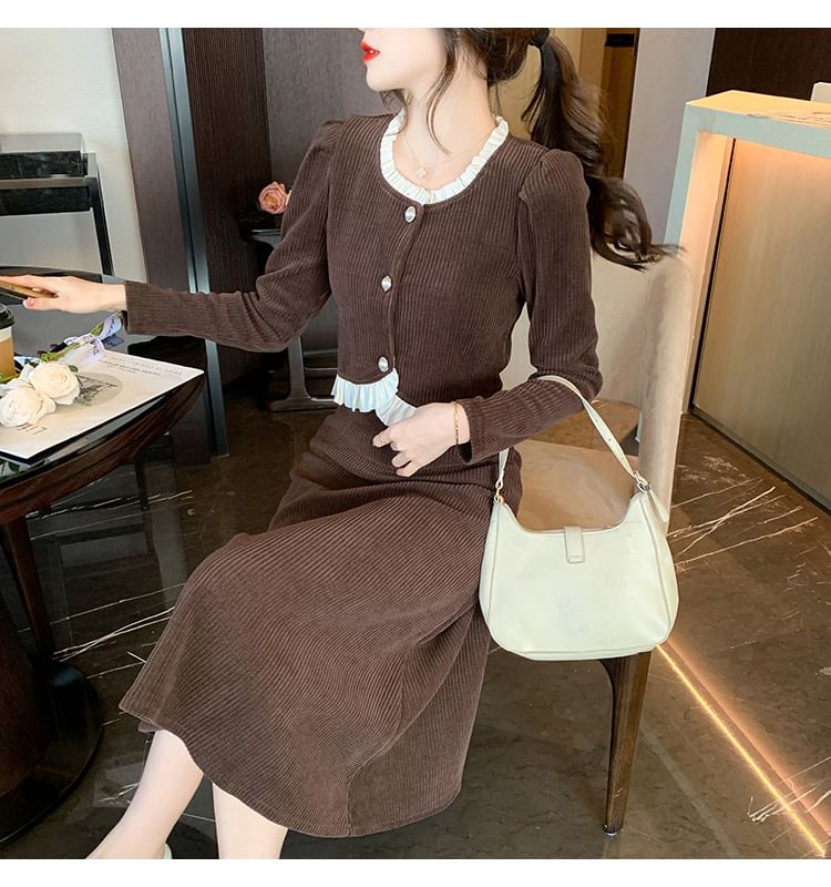 Corduroy Button Top & Midi A-Line Skirt Set