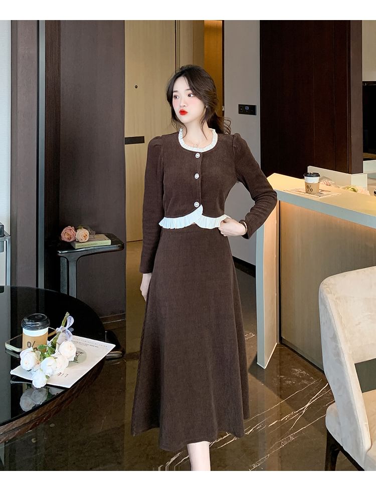 Corduroy Button Top & Midi A-Line Skirt Set