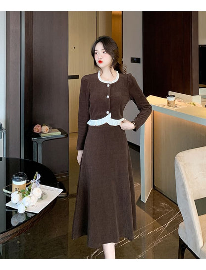 Corduroy Button Top & Midi A-Line Skirt Set