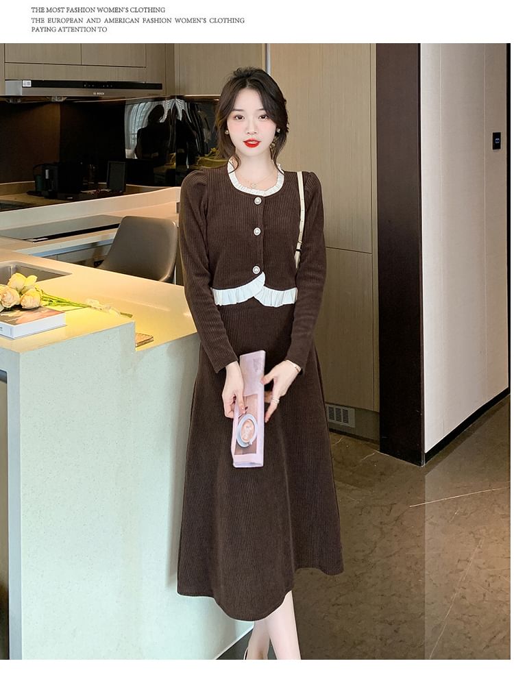 Corduroy Button Top & Midi A-Line Skirt Set