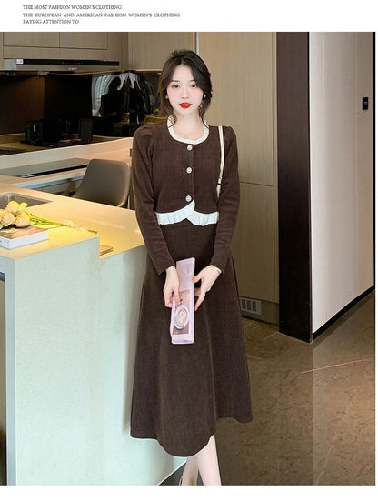 Corduroy Button Top & Midi A-Line Skirt Set
