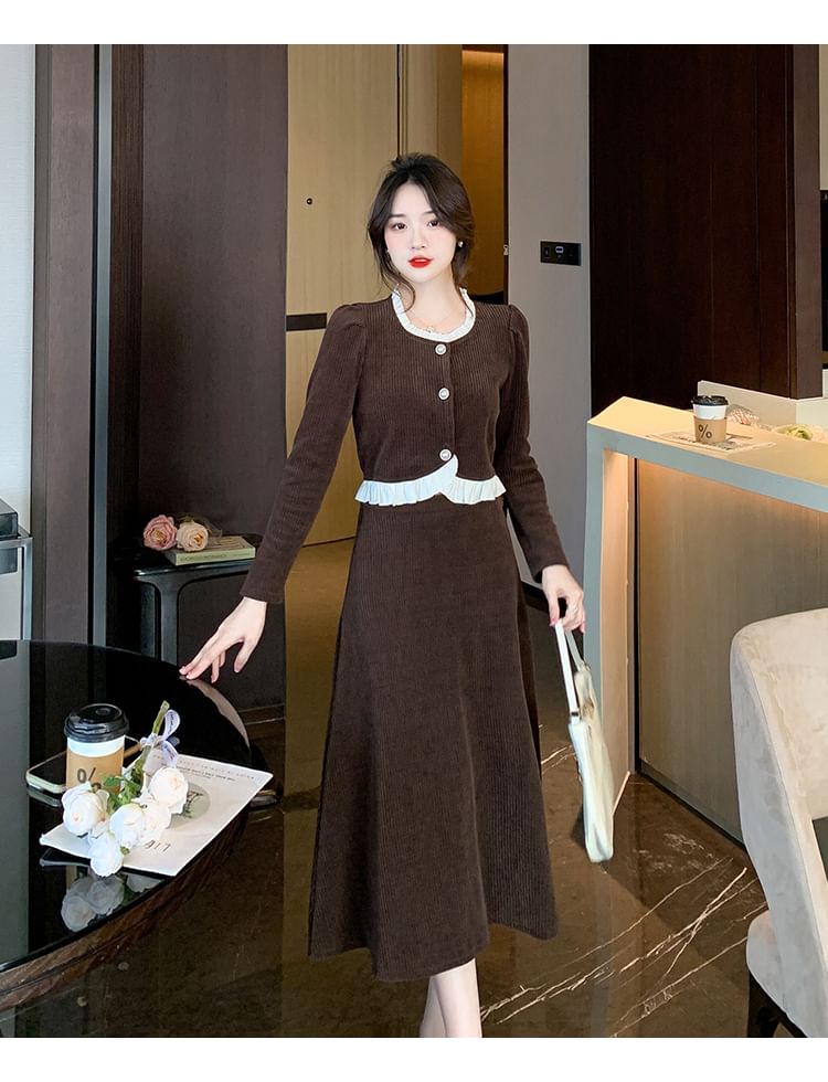 Corduroy Button Top & Midi A-Line Skirt Set