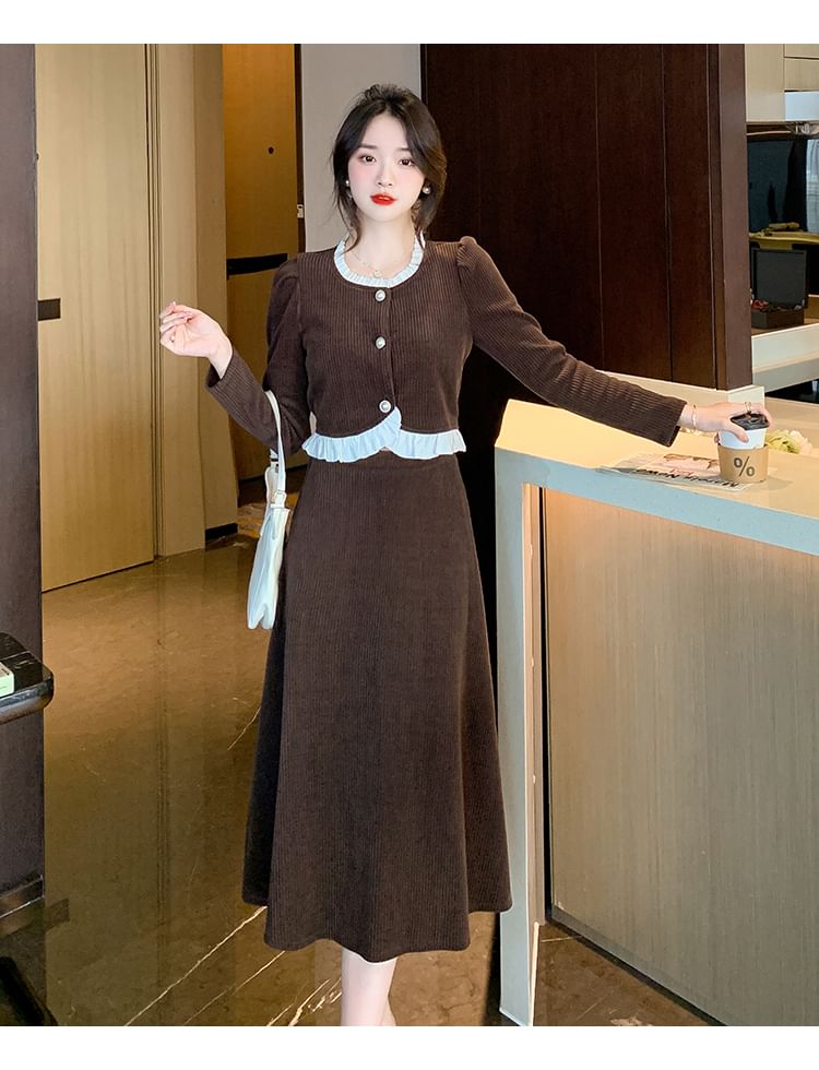 Corduroy Button Top & Midi A-Line Skirt Set