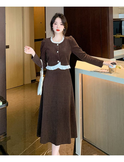 Corduroy Button Top & Midi A-Line Skirt Set