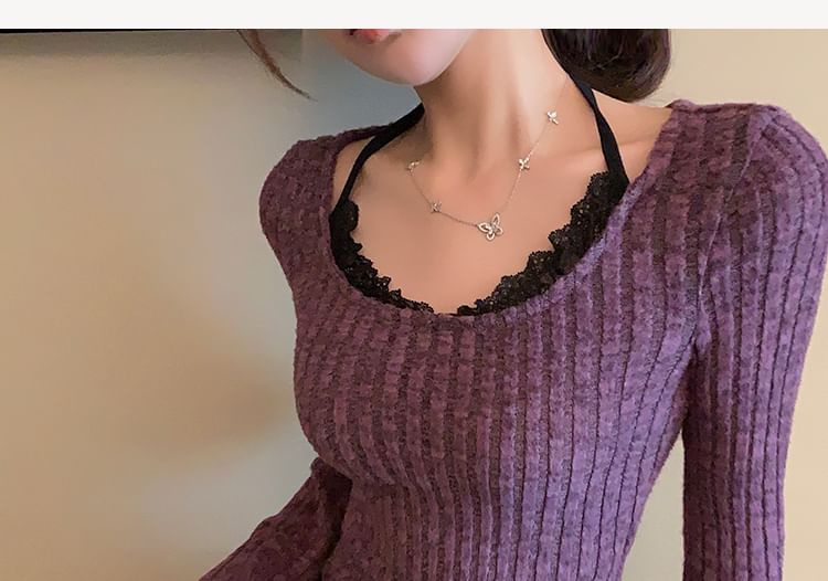 Ribbed Lace Top with Halter Mock Two-Piece and Long Sleeve Design