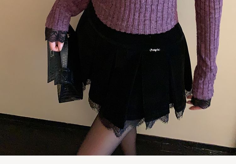 Ribbed Lace Top with Halter Mock Two-Piece and Long Sleeve Design