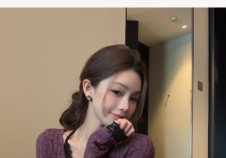 Ribbed Lace Top with Halter Mock Two-Piece and Long Sleeve Design