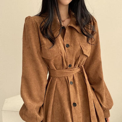 Long Sleeve Collared Plain Corduroy Maxi A-Line Shirt Dress