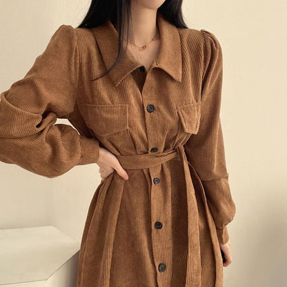Long Sleeve Collared Plain Corduroy Maxi A-Line Shirt Dress