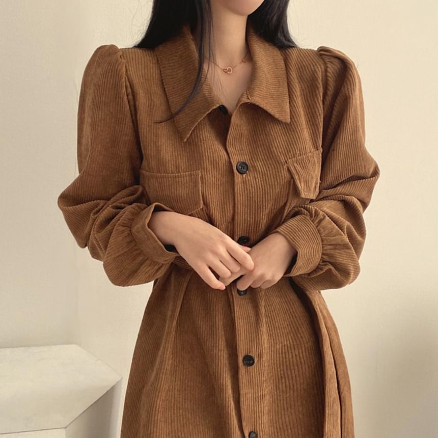 Long Sleeve Collared Plain Corduroy Maxi A-Line Shirt Dress
