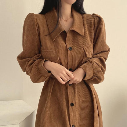 Long Sleeve Collared Plain Corduroy Maxi A-Line Shirt Dress