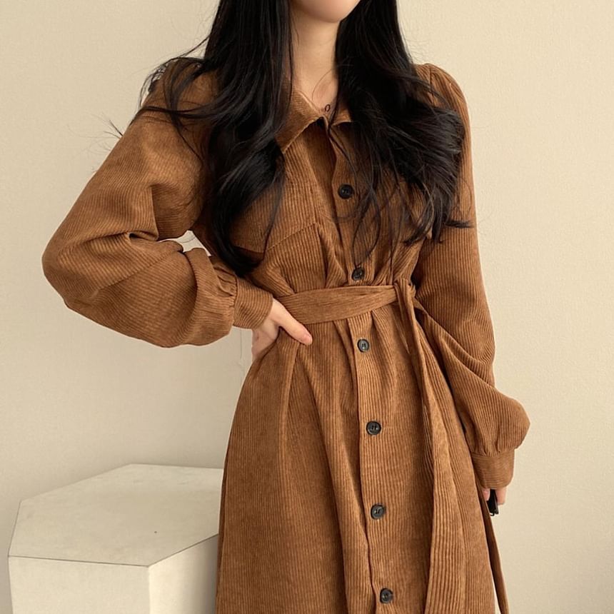 Long Sleeve Collared Plain Corduroy Maxi A-Line Shirt Dress