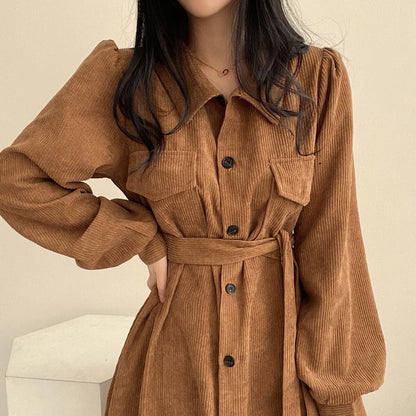 Long Sleeve Collared Plain Corduroy Maxi A-Line Shirt Dress