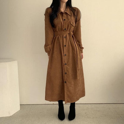 Long Sleeve Collared Plain Corduroy Maxi A-Line Shirt Dress