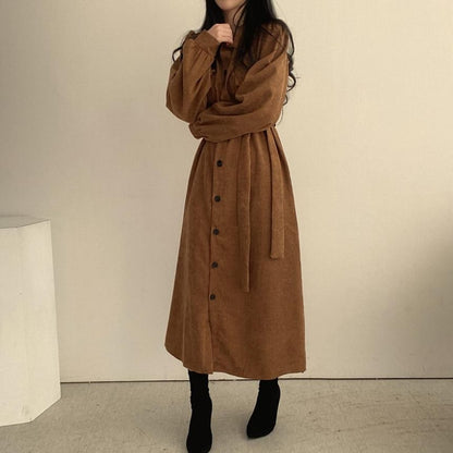 Long Sleeve Collared Plain Corduroy Maxi A-Line Shirt Dress
