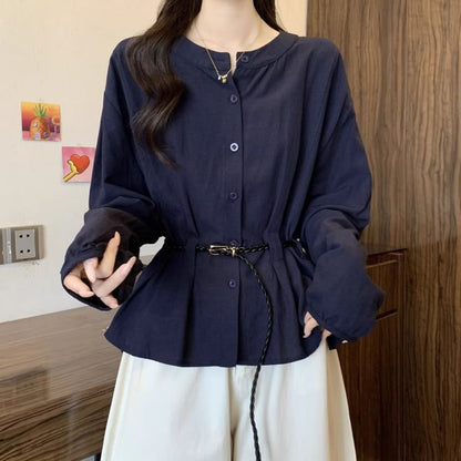 Plain Peplum Blouse with Round Neckline and Extended Sleeves