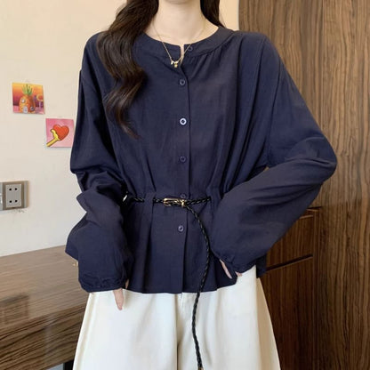 Plain Peplum Blouse with Round Neckline and Extended Sleeves