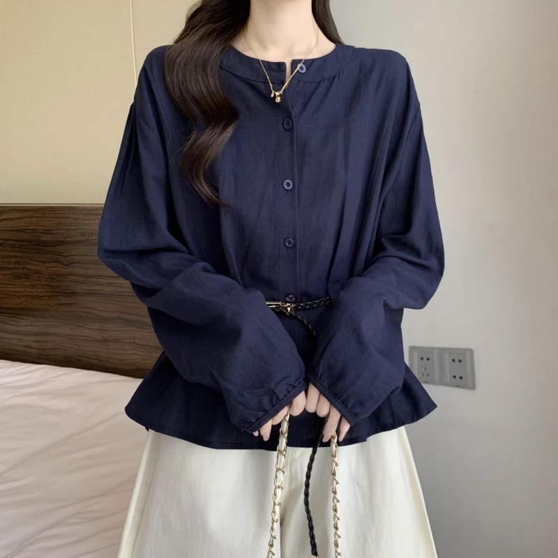 Plain Peplum Blouse with Round Neckline and Extended Sleeves