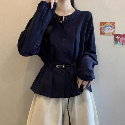 Plain Peplum Blouse with Round Neckline and Extended Sleeves
