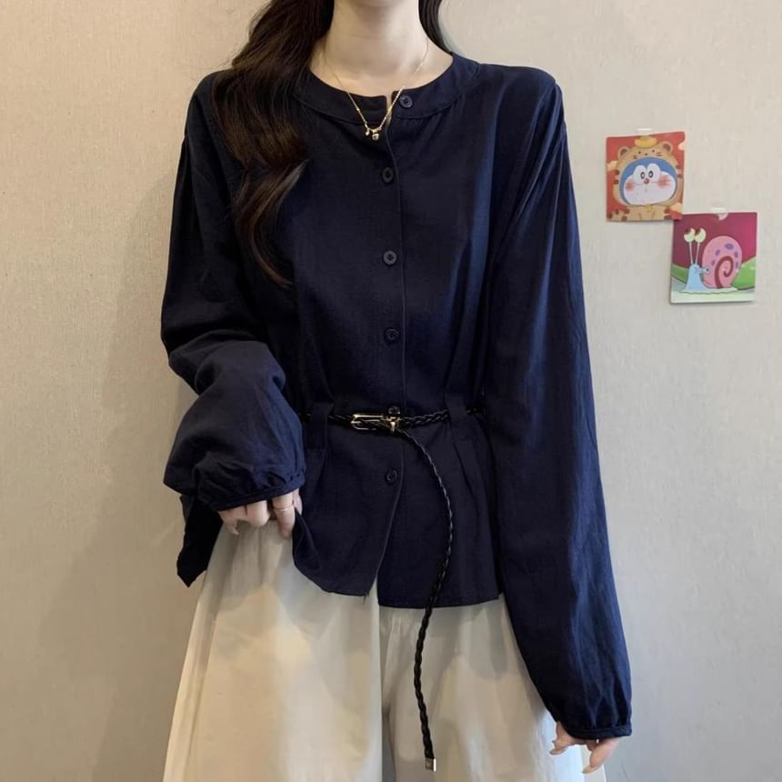 Plain Peplum Blouse with Round Neckline and Extended Sleeves