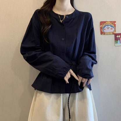 Plain Peplum Blouse with Round Neckline and Extended Sleeves