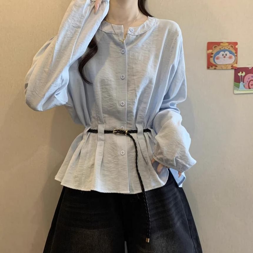 Plain Peplum Blouse with Round Neckline and Extended Sleeves