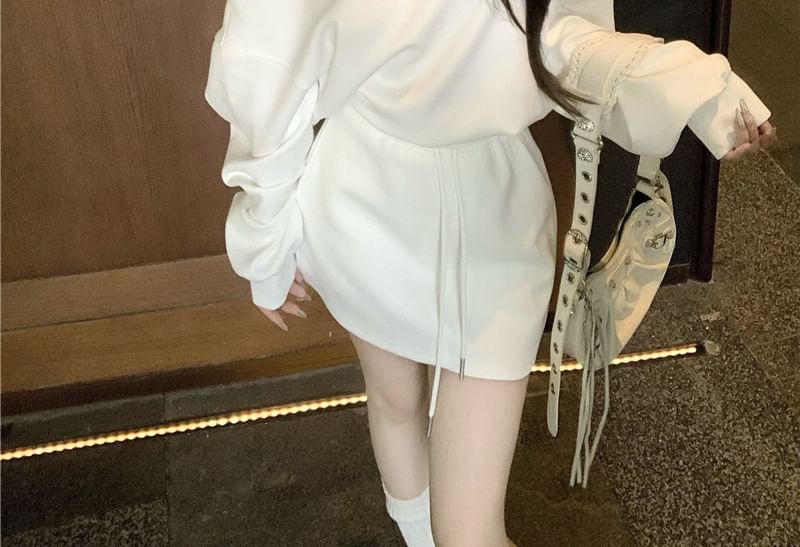 Two-Piece Set: One-Shoulder Sweatshirt and Drawstring Mini Pencil Skirt