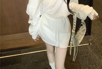 Two-Piece Set: One-Shoulder Sweatshirt and Drawstring Mini Pencil Skirt