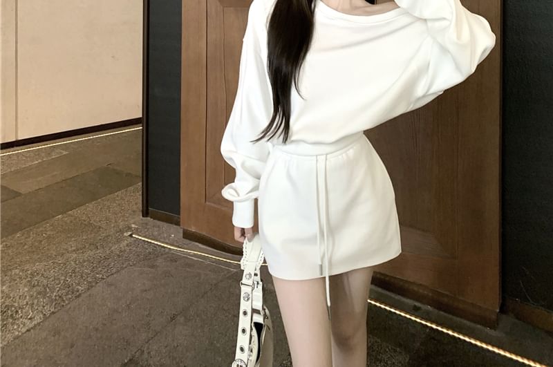 Two-Piece Set: One-Shoulder Sweatshirt and Drawstring Mini Pencil Skirt