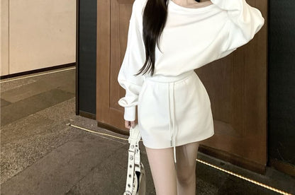 Two-Piece Set: One-Shoulder Sweatshirt and Drawstring Mini Pencil Skirt