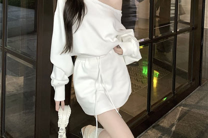 Two-Piece Set: One-Shoulder Sweatshirt and Drawstring Mini Pencil Skirt