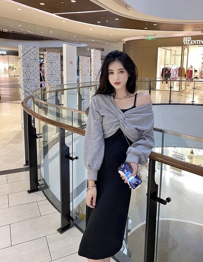Set: Twist Crop Top with V-Neck Long Sleeves and Midi A-Line Dress