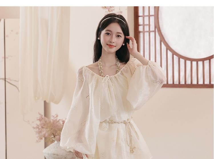 Halter V-Neck Tiered Ruffle Maxi A-Line Dress / Long-Sleeve Scoop Neck Jacquard Perforated Sheer Blouse