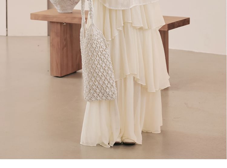Halter V-Neck Tiered Ruffle Maxi A-Line Dress / Long-Sleeve Scoop Neck Jacquard Perforated Sheer Blouse