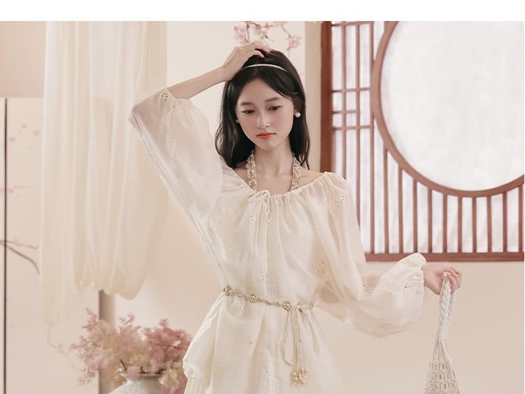 Halter V-Neck Tiered Ruffle Maxi A-Line Dress / Long-Sleeve Scoop Neck Jacquard Perforated Sheer Blouse