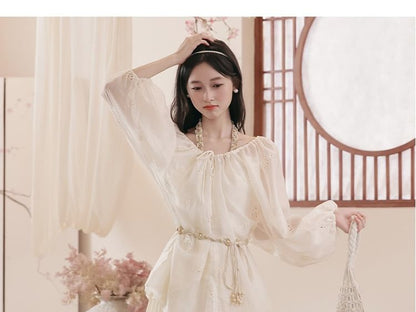 Halter V-Neck Tiered Ruffle Maxi A-Line Dress / Long-Sleeve Scoop Neck Jacquard Perforated Sheer Blouse