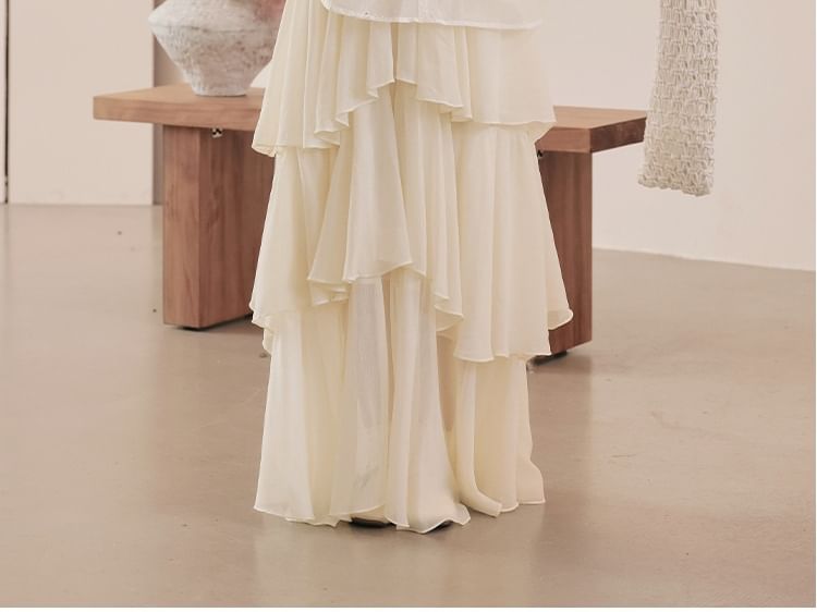 Halter V-Neck Tiered Ruffle Maxi A-Line Dress / Long-Sleeve Scoop Neck Jacquard Perforated Sheer Blouse