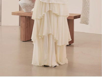 Halter V-Neck Tiered Ruffle Maxi A-Line Dress / Long-Sleeve Scoop Neck Jacquard Perforated Sheer Blouse