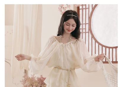 Halter V-Neck Tiered Ruffle Maxi A-Line Dress / Long-Sleeve Scoop Neck Jacquard Perforated Sheer Blouse