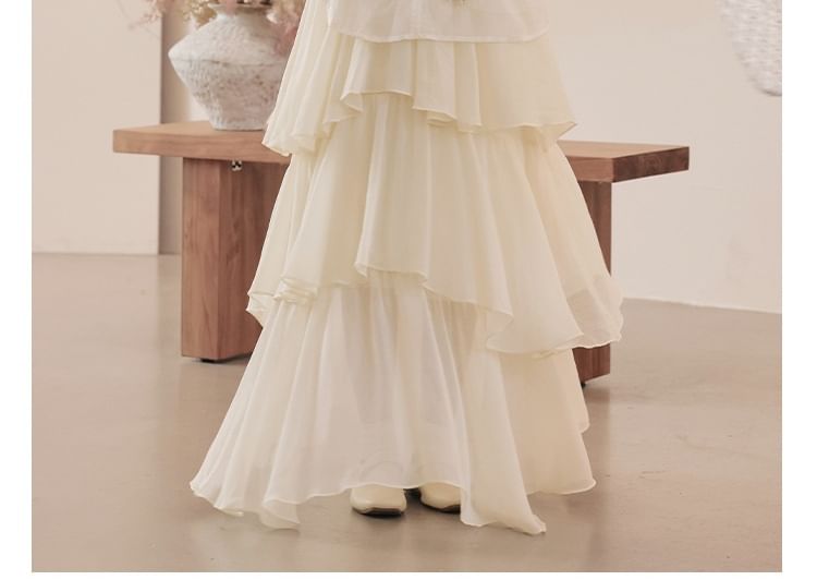 Halter V-Neck Tiered Ruffle Maxi A-Line Dress / Long-Sleeve Scoop Neck Jacquard Perforated Sheer Blouse