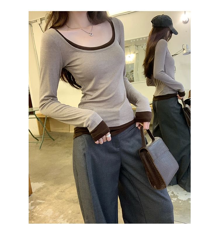 Scoop Neck Mock Two-Piece Long-Sleeve Top