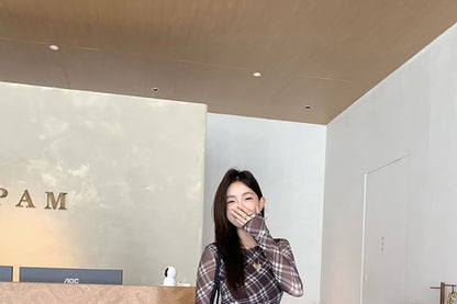 Long-Sleeve Crew Neck Plaid Ruched Maxi A-Line Dress