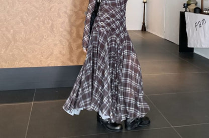 Long-Sleeve Crew Neck Plaid Ruched Maxi A-Line Dress
