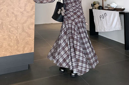 Long-Sleeve Crew Neck Plaid Ruched Maxi A-Line Dress