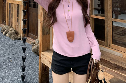 Long-Sleeve Henley Plain Tee / Maxi Overall Dress