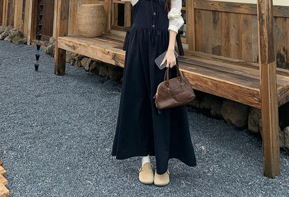 Long-Sleeve Henley Plain Tee / Maxi Overall Dress