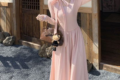 Long-Sleeve Scoop Neck Plain Maxi A-Line Dress